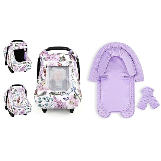 Car Seat Cover Baby, HNHUAMING Infant Car Seat Covers Canopy for Baby Girl Boy, Ultra Soft Newborn Preemie Carseat Insert Cushion for Girls Boys, Fits Car Seat, Stroller, Swing, Bouncer, Purple