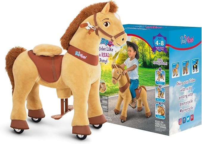 PonyCycle Kids Ride on Horse Toys Plush Interactive Riding Horse Ride for Toddlers 3-4 Walking Rocking Horse with Wheels, No Battery or Electricity, Giddy up Riding Toys Light Brown E336