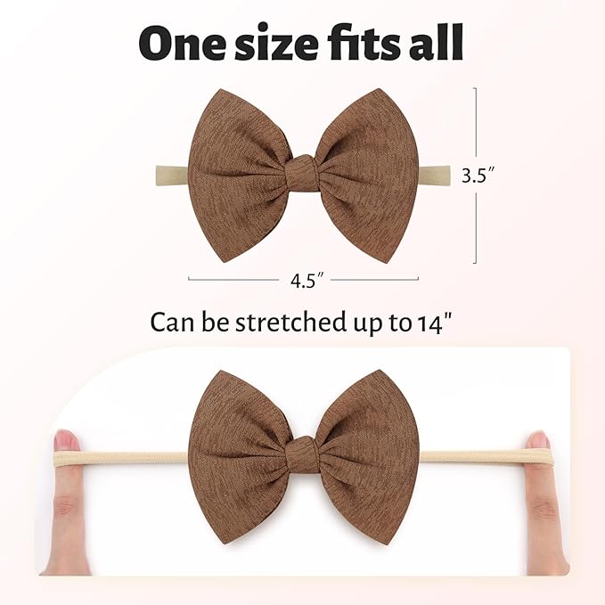 Big Bows Hairbands, 8 PCS Handmade Baby Girl Headbands with Bows, Stretchy Nylon Newborn Toddler Hairbands, Tan
