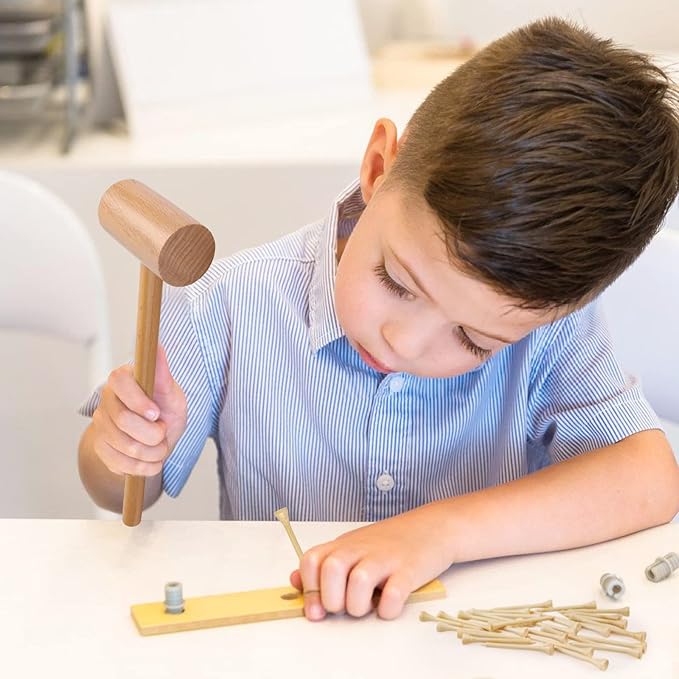 Wooden Mallet Hammering & Pounding Toys Set Simulation Wooden Mallet Toddler Fake Hammer Portable Montessori Toy Hammer and Nails for Kids
