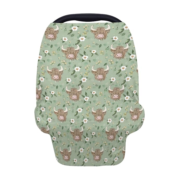 5-in-1 Unisex Cartoon Farm Cow Floral Pattern Baby Carseat Stroller Cover for Boys Girls, Highland Cow Flowers Infant Toddler Privacy Nursing Breastfeeding Canopy, Grocery Shopping Cart Cover-24x28