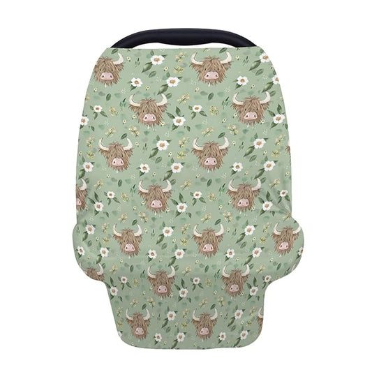 5-in-1 Unisex Cartoon Farm Cow Floral Pattern Baby Carseat Stroller Cover for Boys Girls, Highland Cow Flowers Infant Toddler Privacy Nursing Breastfeeding Canopy, Grocery Shopping Cart Cover-24x28