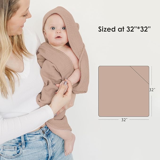 MairMore Muslin Baby Towels with Hood for Newborn 100% Cotton Baby Bath Towels Soft & Absorbent Hooded Baby Towel for Boys and Girls, Large Size - 32 * 32 Inches