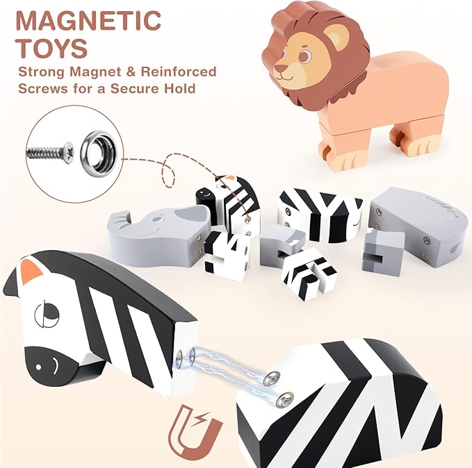 Joyreal Magnetic Jungle Animals Toy Play Set, 16 Pcs Wooden Building Blocks Play Set Toy for 1 Year Old, Fine Motor Montessori Game Preschool Educational Gift for Ages 1-5