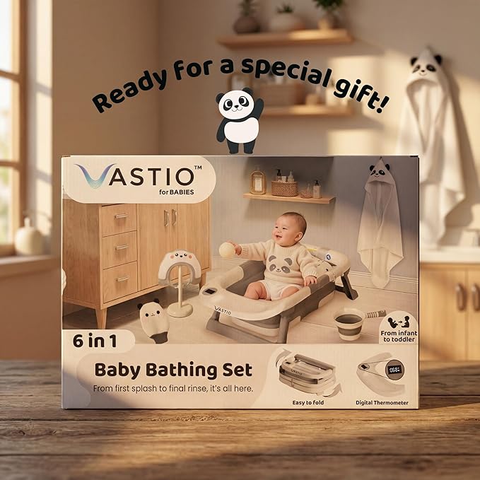 6-in-1 Collapsible Baby Bathtub Set with Thermometer, Foldable Infant Tub for Newborn to Toddler, Portable Bath Set with Cushion, Rinse Cup, Cap, Towel & Mitt, All-in-One Baby Bath Essentials