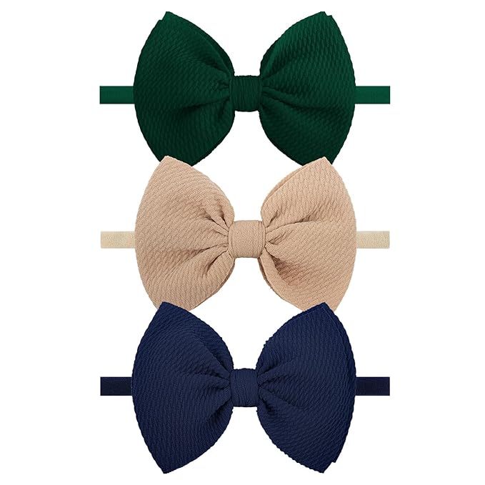 3PCS 4.5’’ Hair Bows for Baby Girls Newborn Infant Toddler Headbands Dark Blue & Green & Beige Bow of Hair Accessories Soft Girl Head Wraps