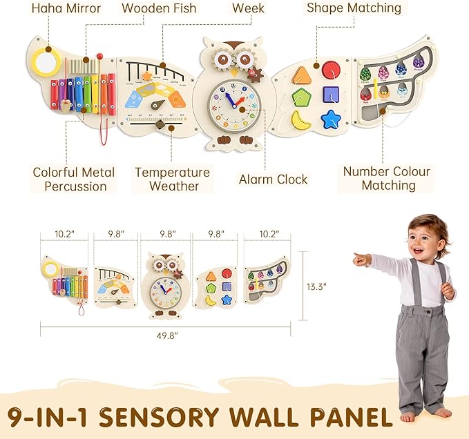 Owl Activity Wall ToysBusy Board, Wooden Montessori Sensory Toys, Learning Activity Center for Playroom,Daycare, Nursery, Classroom, Educational Toys for Toddler