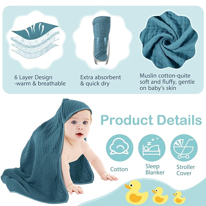 Peryiter 4 Pcs Muslin Hooded Baby Towels 32 x 32 Inch Cotton Newborn Bath Essentials Muslin Infant Blankets Absorbent Registry Gifts for Girl Boy Kids Baby Shower (Green Series)