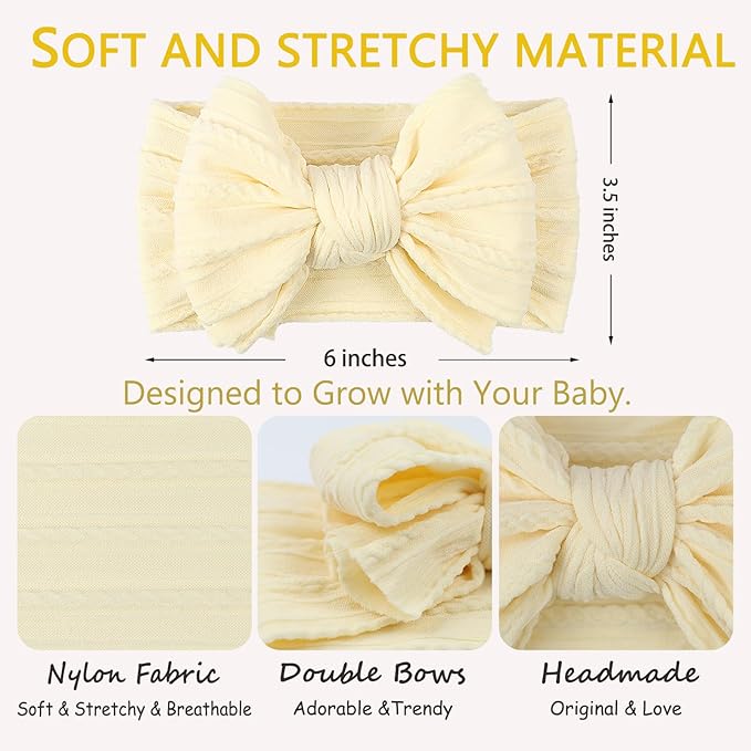 LemonSpace Handmade Baby Bows for baby girls Stretchy Nylon Hair Bands Hair Accessories with Headbands Bows for Newborn Baby Girls Infant Toddlers Kids Bow(Light Yellow)