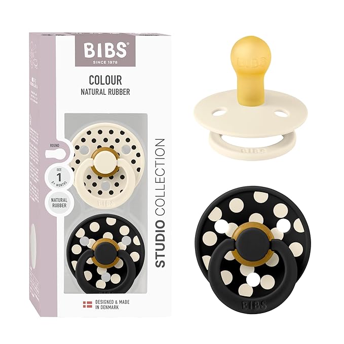 BIBS Polka Dots Pacifier 2-Pack, BPA Free Pacifiers with a Round Latex Nipple, Made in Scandinavia, Size 1 (0-6 Months), Ivory/Black