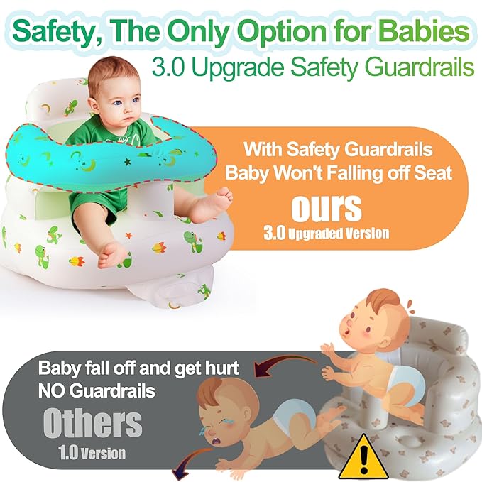 Upgraded Inflatable Baby Seat with Safety Guardrails, Thicker Sit Me Up Floor Seat for Baby Chair Sit Me Up, Blow Up Baby Chair Built in Air Pump for Babies 3-36 mth