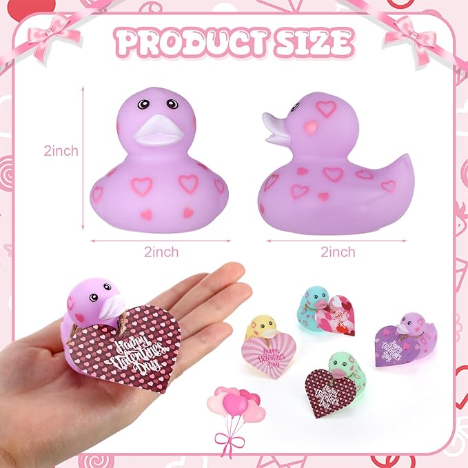 Jerify 48 Pcs 2 Inch Valentines Rubber Ducks Bulk with Gift Cards Mini Heart Rubber Duckies Bath Toys Valentine's Day Gift for Kids Classroom Favors Prizes Exchange (Macarons)