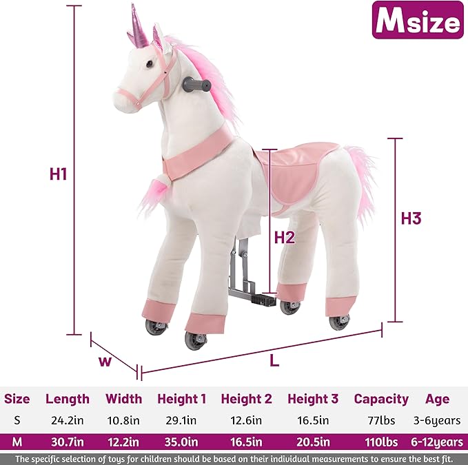 Ride on Unicorn Toys, Kids Ride on Horse Riding Horse Toys Ride on Toys for 4-9 Years Old, Premium Plush Animals Toys Walking Horse with Wheels 33.46" L x 11.81" W x 35.83" H