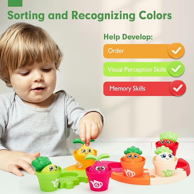 hahaland Montessori Toys for 1 Year Old Gifts - Puzzle & Garden Set - Color Sorting Stacking Daycare Learning Toys for Toddlers 1-3