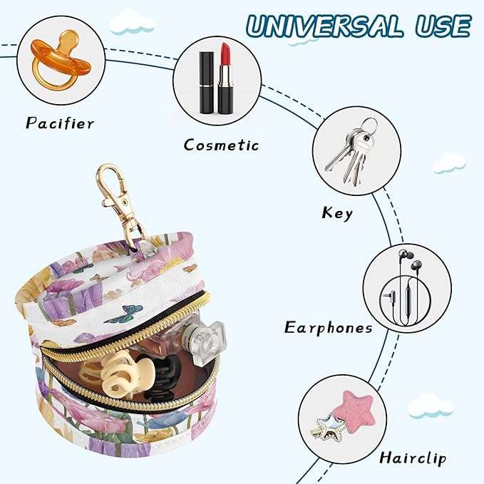 Pacifier Holder with Clip Pacifier Case for Diaper Bag Round Baby Pacifier Pouch Box Bag Portable Light Pink Tulips Butterfly