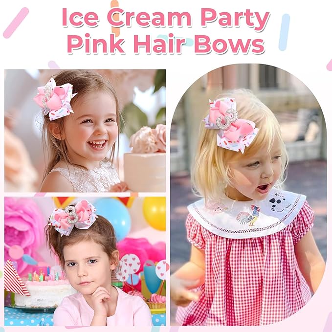 2PCS Hair Bows for Baby Girls Birthday - 3rd Birthday Hair Bow Sweet Theme with Ice Cream Party, Pink Hair Accessories for Baby Toddler 1 2 3 4 5 6 Years, Outfit & Decorations