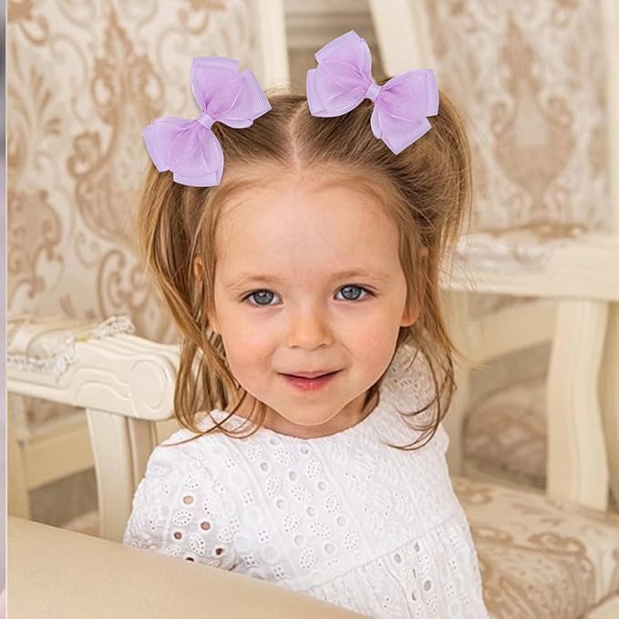 Tiny 3 Inch Organza Double Hair Bow Clips - Lined Boutique Alligator Hairpin for Baby Girls, Toddlers, and Little Teens - Kids Barrettes Set of 2 Small Stylish (Light Purple)