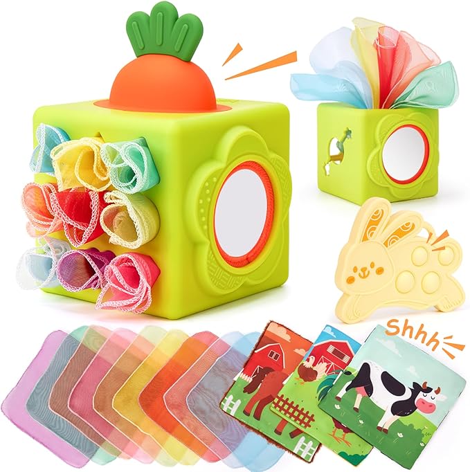 hahaland Silicone Baby Tissue Box Toy - Baby Toys 6-12 Months Montessori Toys for 6 Month Old Babies, 6-in-1 Soft Busy Activity Cube with Scarves, Crinkle, Textures, Mirror, Sensory Popper 9 Month Old