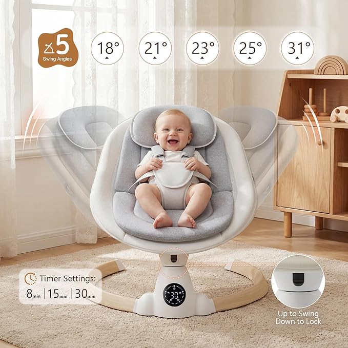Baby Swing for Infants, Portable Electric Baby Swings with Bluetooth, 5 Swing Speed, 10 Lullabies, 5-Point Harness, Remote Control & Touch Panel - Infant Swing for Indoor & Outdoor Use, Wood Grain