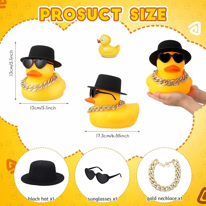 Honoson 6.89 Inches Large Rubber Duck Funny Giant Rubber Duck with Hat and Sunglasses Big Squeaky Duckling Car Ornaments Duckling for Dashboard Decorations Bath Toy(Yellow)