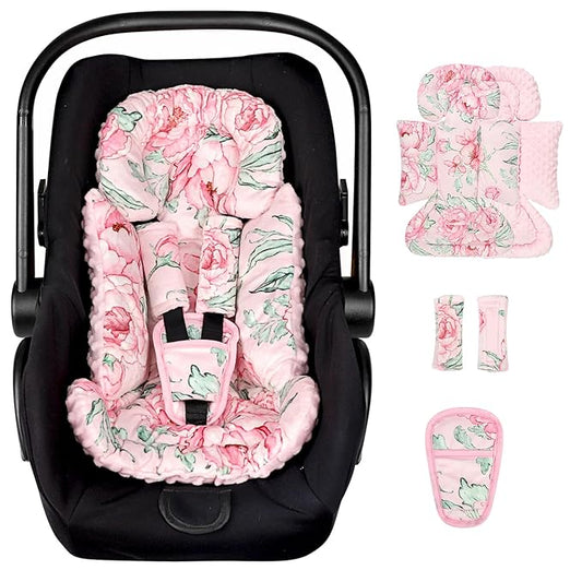 DILIMI Infant Car Seat Insert, Baby Car Seat Head Support with 3 Strap Paddings, Soft Newborn Car Seat Cushion for Stroller, Swing, Bouncers, Pink Flower