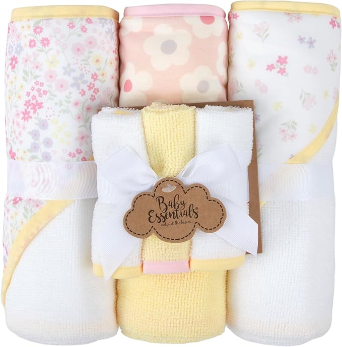 Baby Bath Essential Hooded Baby Bath Towel and Washcloth 6 Piece Set for Newborns, Infants & Toddlers, Boys & Girls Baby Hooded Towels Set (Daisy Flowers)
