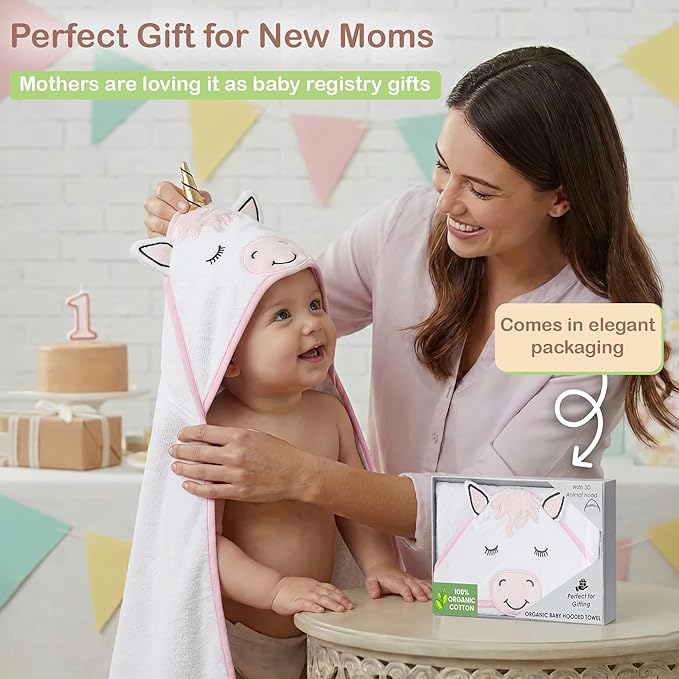 Mother's Choice 100% Organic Cotton Hooded Baby Towels - Large Size, Ultra-Soft & Absorbent Baby Towels with Hood for Newborns, Infants, Toddlers, Boys & Girls with Animal Hood (Unicorn)