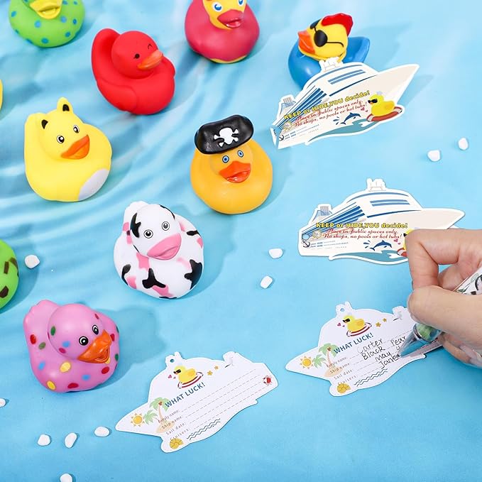 150 Pcs Cruise Ducks Tags Kits Includes 50 Pcs Cruising Ducks with 50 Pcs Cruise Duck Tags and 50 Pcs Rubber Bands Random Assorted Rubber Ducks for Cruise Ship Hiding Ducks