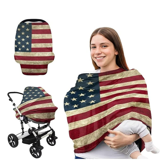 American Flag Baby Carseat Stroller Cover for Boys Girls,Infant Toddler Privacy Nursing Breastfeeding Canopy Unverisal Fit Grocery Privacy Shopping Cart Cover