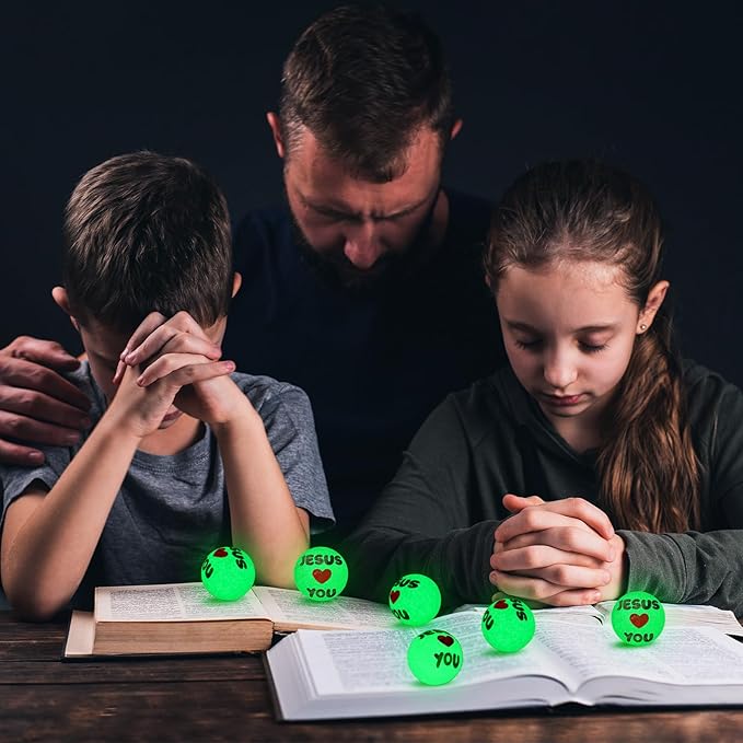 Seenelling 24 Pcs Christian Glow in the Dark Bouncy Balls Easter Jesus Bible Verse Rubber High Bouncing Balls Christian Party Favor Religious Classroom Gifts (Jesus,Green)