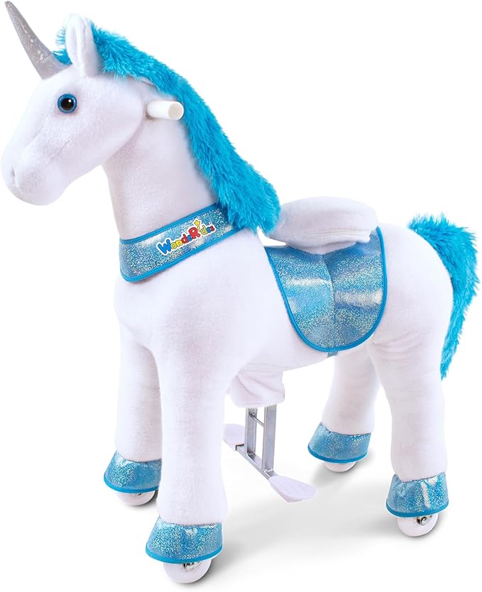 WondeRides Ride on Horse Pony Unicorn Riding Horse Toys Pony Rider Rocking Horse, 30.1 inch Height Plush Walking Animal Mechanical Rocking Horse with Wheels (Blue-White, Size 3 for Age 3-4) M331-1