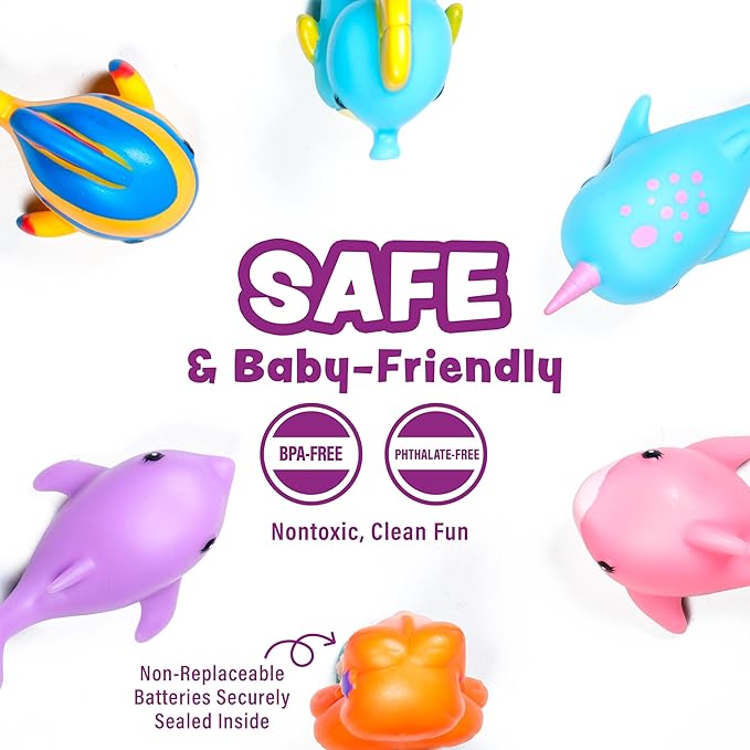 Tub Works® Mermaid Lagoon™ Light Up Bath Toys, 6 Pack | Water-Activated Light Up Toys Flash & Change Color | Easy-Grip Baby Girl & Toddler Bath Toys | Sensory Mermaid Toy Bathtub Toys with Bath Lights