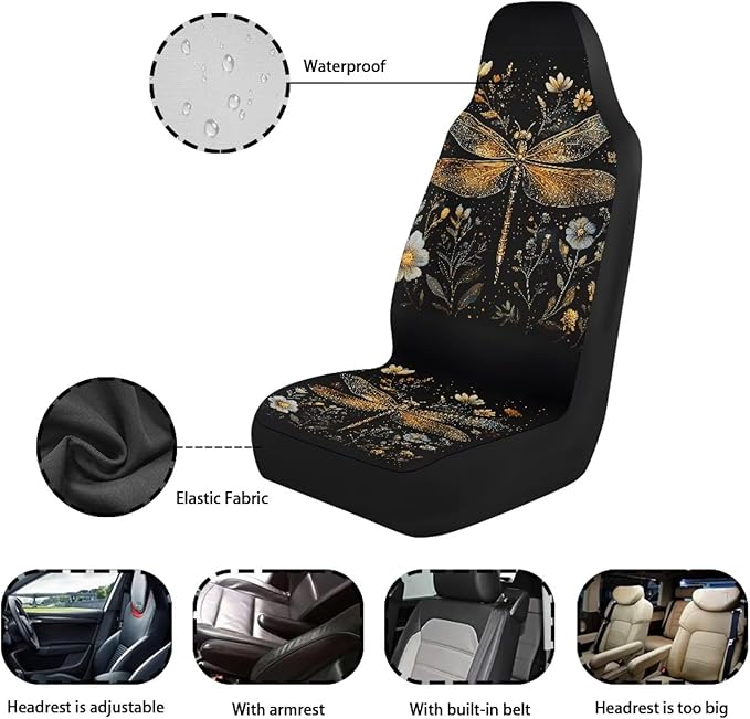Fashion Dragonfly Car Seat Covers Universal Front Car Seats Waterproof Anti-Slip Back Fabric Removable Automotive Accessories Suitable for Cars, SUV and Trucks