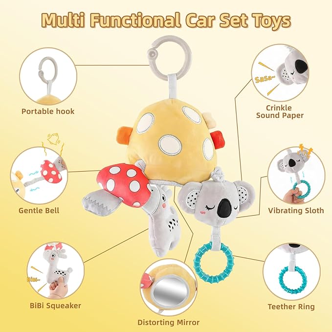 Musical Baby Pull Vibration Toy for Car Seat 6-12 Months, Travel Sensory Toy 3 Months, Montessori Plush Toys for Roadtrip with Crinkle Textures Flutter Squeaky Mirror Newborn Infant Gift