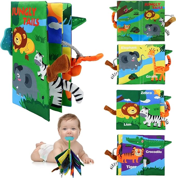 Baby Cloth Book Toys with Tails, Stroller Soft Toys for Infant Baby 0-18 Months (Forest Animals)