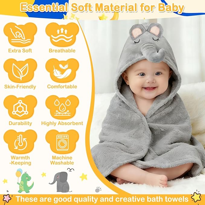 Flasoo 12 Pcs Baby Towel Set, Soft Baby Bath Towels and Washcloths Set, 2 Pcs Hooded Baby Towel, 2 Pcs Baby Burp Cloths and 8 Pcs Baby Washcloths for Infants, Toddlers and Kids (Dinosaurs & Elephants)