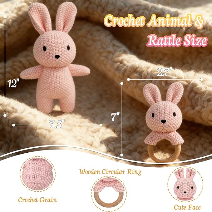 12" Handmade Crochet Rabbit Stuffed Animal, Baby-Safe Cotton Plush with Rattle, Hypoallergenic Toy for Newborns 0-12 Months, Ideal Baby Shower & 1st Birthday Gift