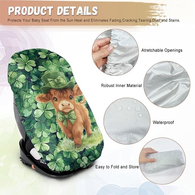 XYZCANDO St Patrick's Day Car Seat Cover Baby Travel Highland Cow Car Seat Covers for Babies Waterproof Baby Car Seating Sun Shade Cover Elastic Car Seat Sun Protection Gift for Birthday