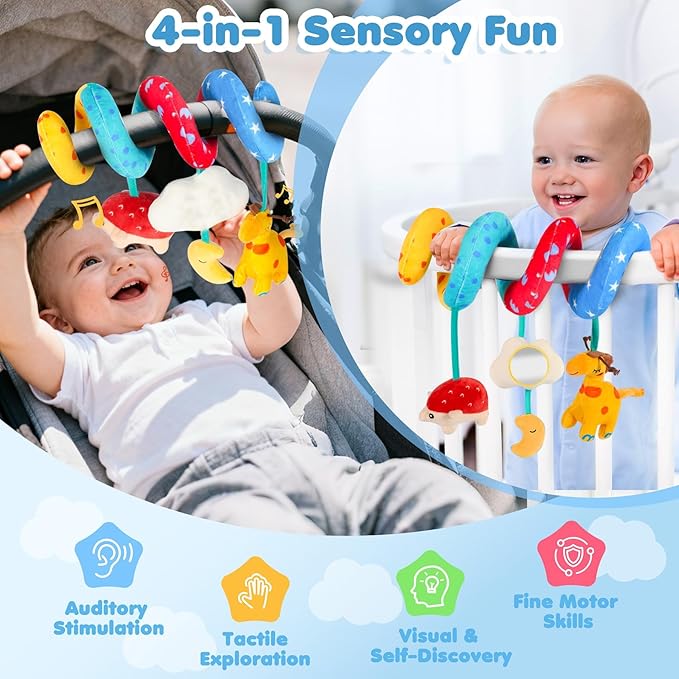 URMYWO Spiral Car Seat Toys for Babies 0-6 Months, Hanging Toy Fits Stroller, Sensory Baby Toy with Bell Crinkle Mirror, Newborn Shower Gifts for Baby Boys and Girls Essentials Stuff