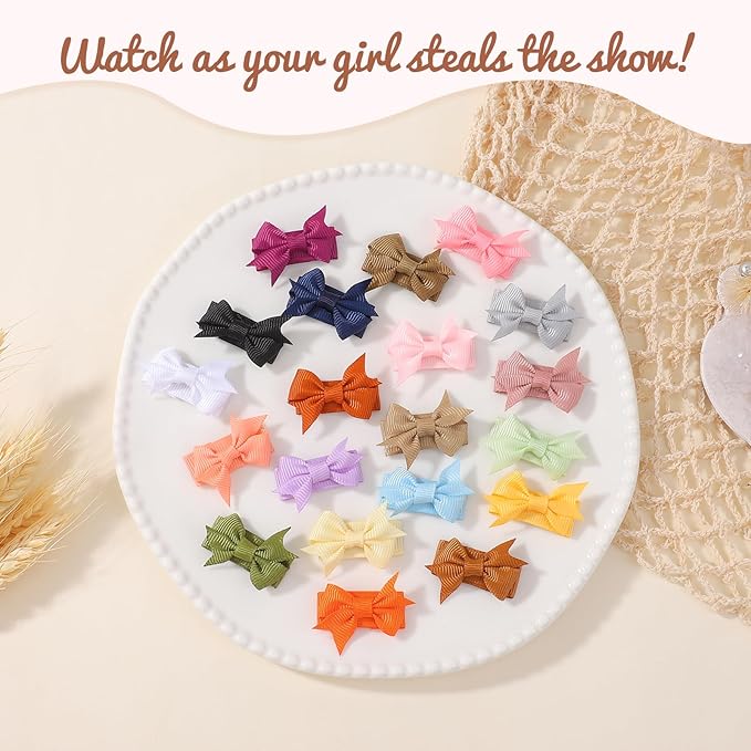YHXX YLEN 40PCS Mini 1.4" Bow Snap Clips, Baby Hair Clip Grosgrain Ribbon Tiny Hair Bows Clips in Pairs for Baby Girls Toddlers Infant Fine Thin Hair
