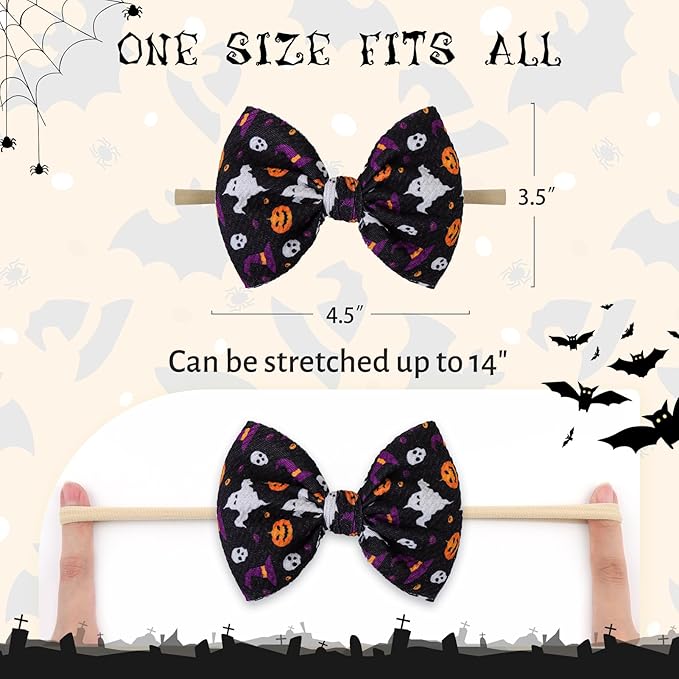 Halloween Baby Knot Ghost Hair Accessories - Headband with Nylon Elastic Bows in Purple and Orange