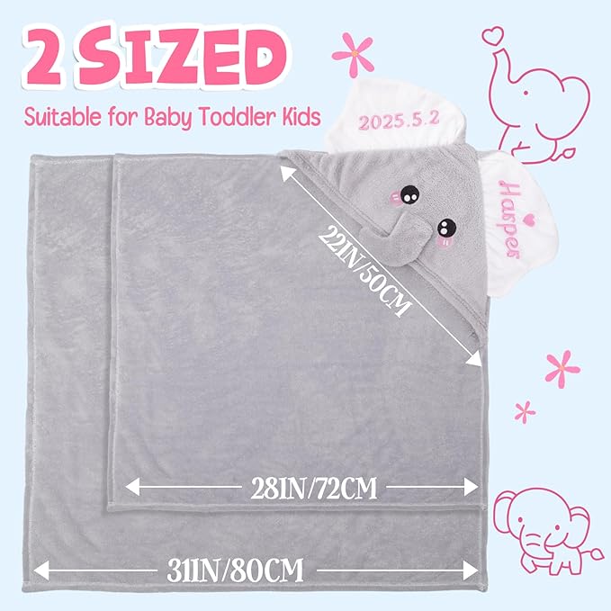 Custom Hooded Baby Towels with Name, Personalized Bunny Easter Gifts for Toddlers, Custom Baby Bath Towels for Newborn, Ultra Soft and Absorbent, Ideal for Girl Boy (Elephant)