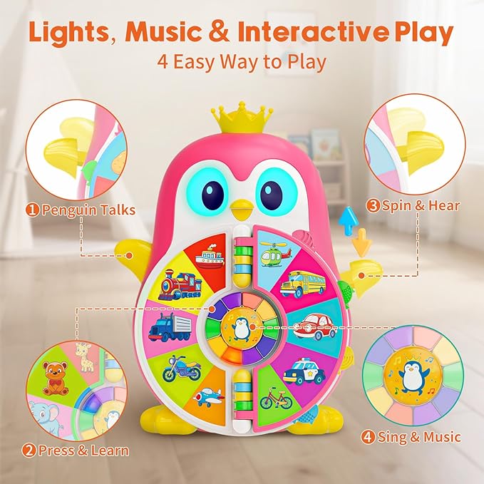 Vahome Musical Penguin Educational Toys for 1,2 Year Old Girl Gifts, Learning Toy for Toddlers 1-3 Yr with 5-Theme Pages, Lights & Music, First Birthday Gift for 1-2 Year Old 12-18 Month Age (Pink)