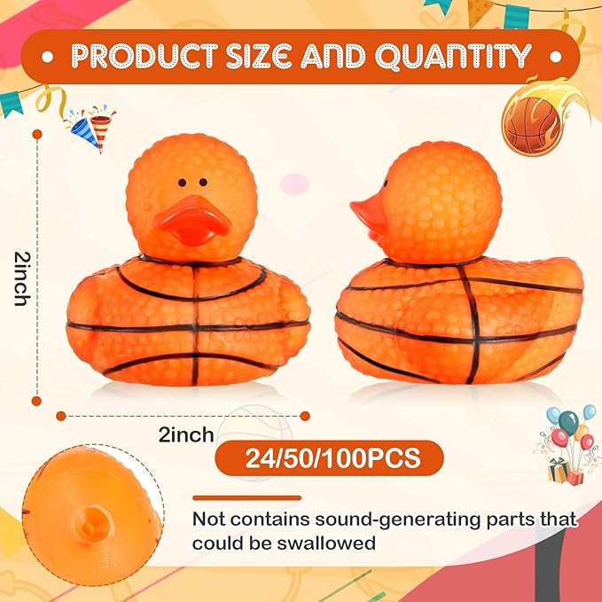 Deekin Rubber Ducks 2 Inch Bulk Sport Party Favors for Team Events Decorations Birthday Party Supplies Club Player Gift(100 Pcs,Basketball Texture)