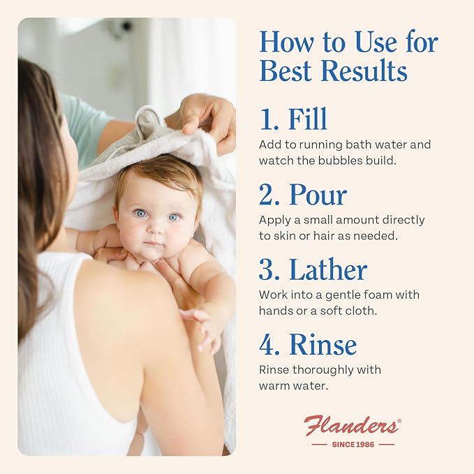 Flanders 3in1 Baby Bubble Bath, Shampoo & Body Wash 15oz Bottles with Pump | Tear-Free, Hypoallergenic Cleanser with Jojoba, Coconut & Argan Oil, Fragrance Free for Sensitive Skin, 2 Pack (30oz Total)