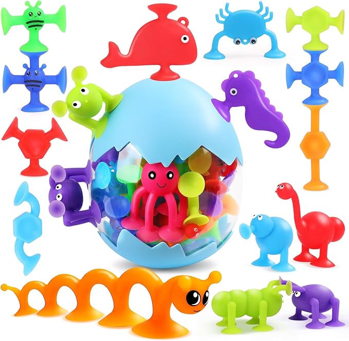 30 PCS Suction Cup Toys, Baby Bath Tub Toy with Eggshell, Silicone Shower Toys for Age 4-8, Suction Cup for 3 4 5 6 7 Year Old Kids Toddlers Boys Girls Gifts Christmas Stuffers