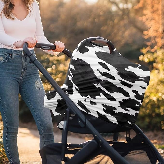 Wanyint Cow Print Black White Stretchy Nursing Scarf Car Seat Canopy Baby Car Seat Cover, Baby Breastfeeding Stroller High Chair Shopping Cart Cover for Boys Girls