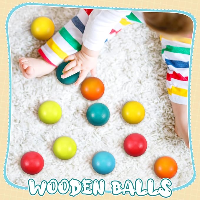 Bucherry 12 Pcs Montessori Wooden Balls 1.8 Inch Wooden Replacement Ball Educational Counting Toys Preschool Learning Material and Stacker Matching(Fresh Color)