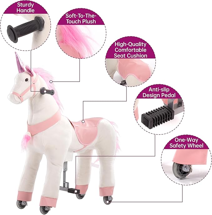 Ride on Unicorn Toys, Kids Ride on Horse Riding Horse Toys Ride on Toys for 4-9 Years Old, Premium Plush Animals Toys Walking Horse with Wheels 33.46" L x 11.81" W x 35.83" H