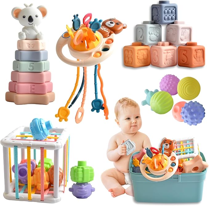 Montessori Baby Sensory Toys for 6 to 18 Months, 6-in-1 Travel Set with Silicone Pull String Activity, Koala Stacking Rings and Shape Sorter, Fine Motor Learning Gifts for 1 Year Olds